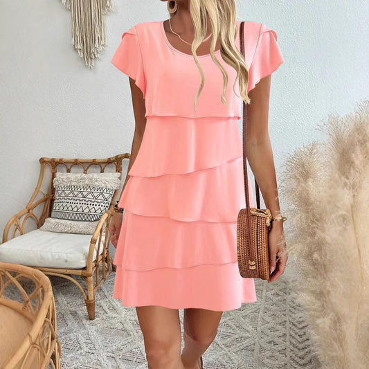 Women’s Dress – Relaxed Fit – Tiered Ruffled A-Line – Short Sleeve – Breathable Blend