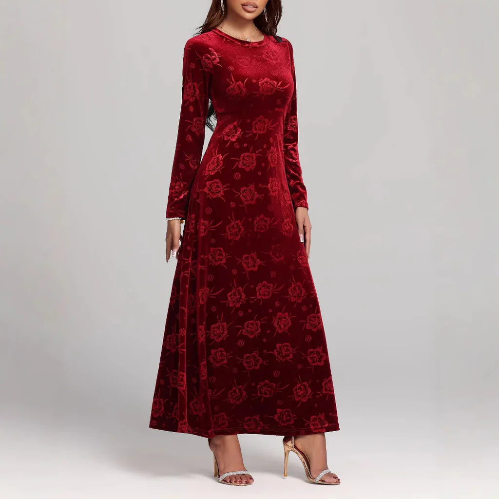 Women’s Maxi Dress – Velvet – A-Line Fit – Floral Embossed – Long Sleeve Elegant Wear