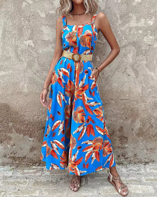 Women’s Jumpsuit – Tailored Waist – Floral Print – Wide Leg – Breathable Blend