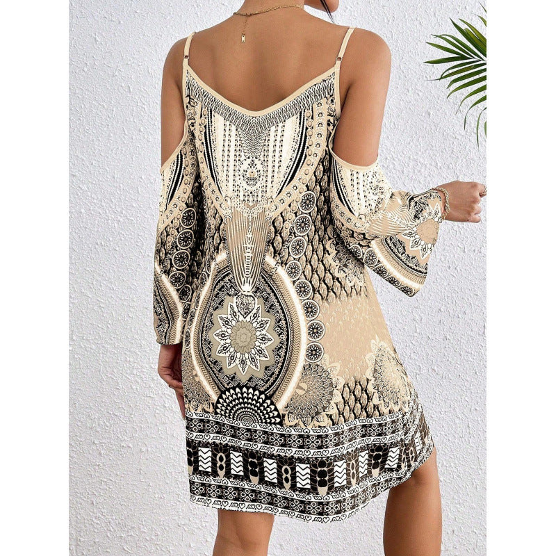 Women’s Off-Shoulder Mini Dress – Flowing Fit – Bell Sleeves – Cotton – Boho Style
