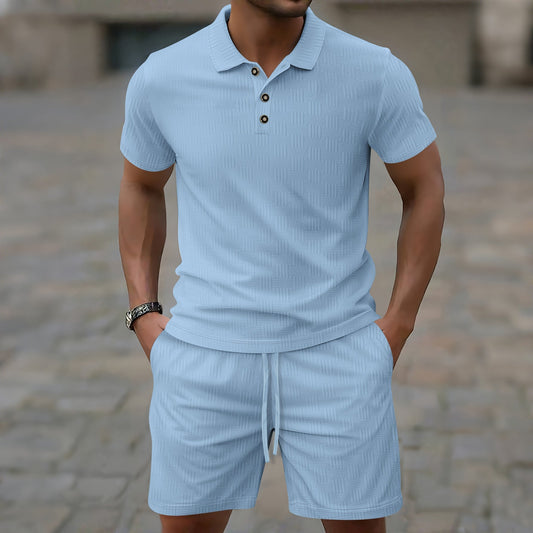 Men’s Casual Set – Short-Sleeve T-Shirt – Slim Fit – Textured Cotton Blend – Structured Collar – Button Placket