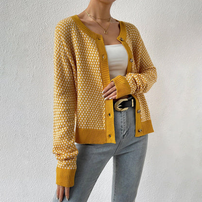 Women’s Cardigan – Wool Blend Knit – Button Front – Geometric Pattern – Ribbed Trim