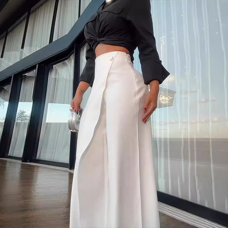 Women’s Wide-Leg Trousers – High Waist – Satin Finish – Wrap Front – Full Length