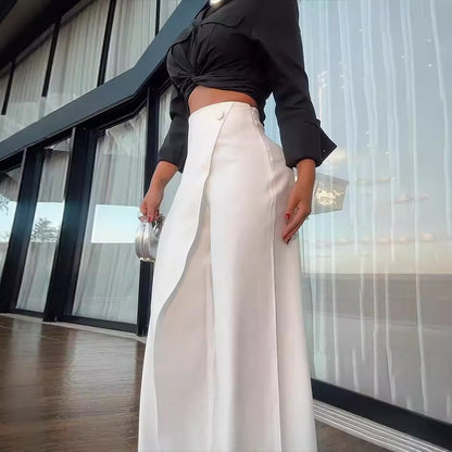 Women’s Wide-Leg Trousers – High Waist – Satin Finish – Wrap Front – Full Length