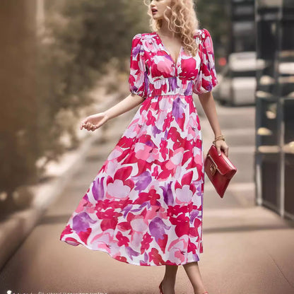 Women’s Midi Dress – Fitted Waist – V-Neck – Puff Sleeves – Bold Print – Breathable Blend