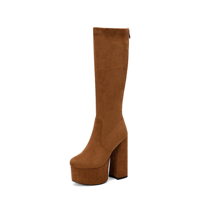 Women’s Knee-High Boots – Suede Look – Chunky Heel – Platform Sole – Rear Zip