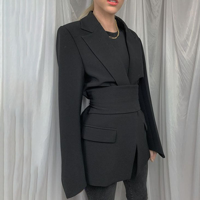 Women’s Blazer – Longline Tailored Fit – Self-Tie Waist – Notched Lapel – Flap Pockets