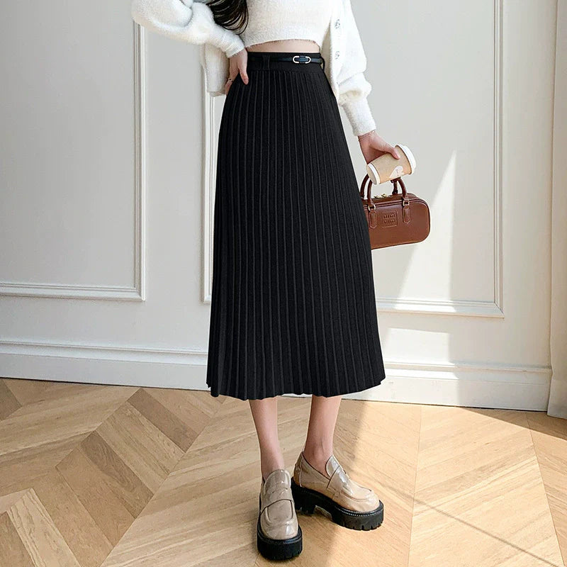 Women’s Midi Skirt – Wool Blend – Pleated Slim Fit – A-Line with Belt Detail