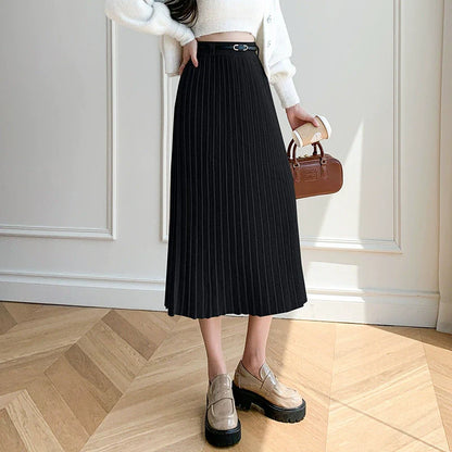 Women’s Midi Skirt – Wool Blend – Pleated Slim Fit – A-Line with Belt Detail
