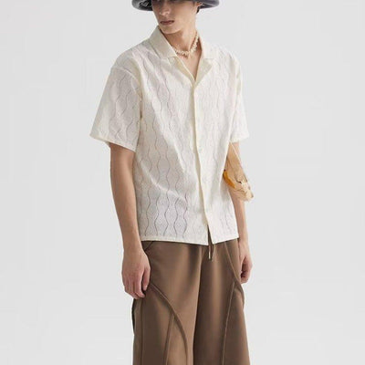 Men’s Short Sleeve Shirt – Cotton Blend – Oversized Fit – Cuban Collar – Lace Detail