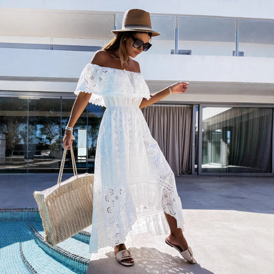 Women’s Maxi Dress – Off-Shoulder – Lace Detail – Cinched Waist – Flowy Cotton Blend