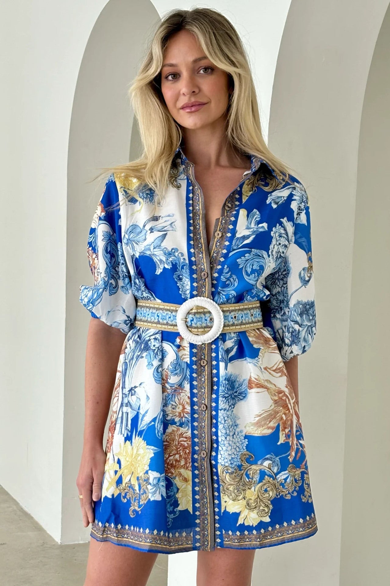 Women’s A-Line Dress – Cotton Blend – V-Neck – Puffed Sleeves – Belted – Printed