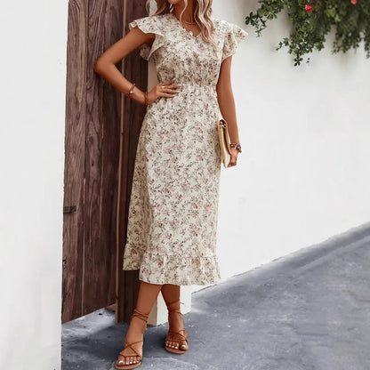 Women’s Midi Dress – Cotton Blend – V-Neck – Flutter Sleeve – Ruffled Hem – A-Line Fit