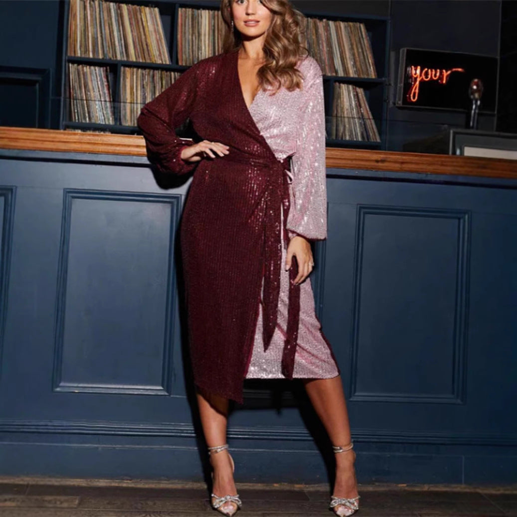 Women’s Wrap Dress – Sequin Fabric – Slim Fit – Long Sleeve – V-Neck – Midi Length