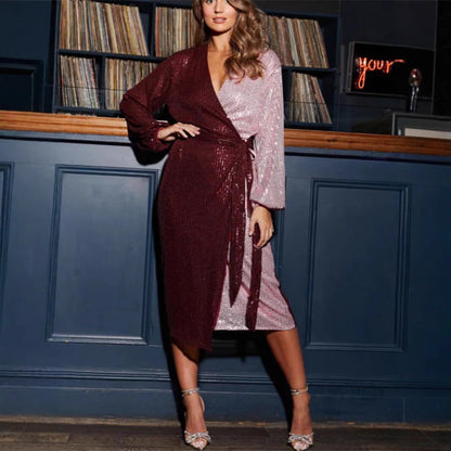 Women’s Wrap Dress – Sequin Fabric – Slim Fit – Long Sleeve – V-Neck – Midi Length