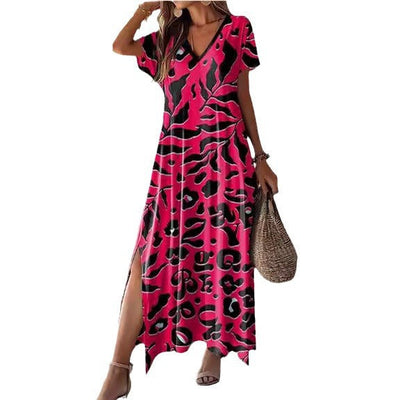 Women’s Maxi Dress – Relaxed Fit – V-Neck – Short Sleeve – Side Slit