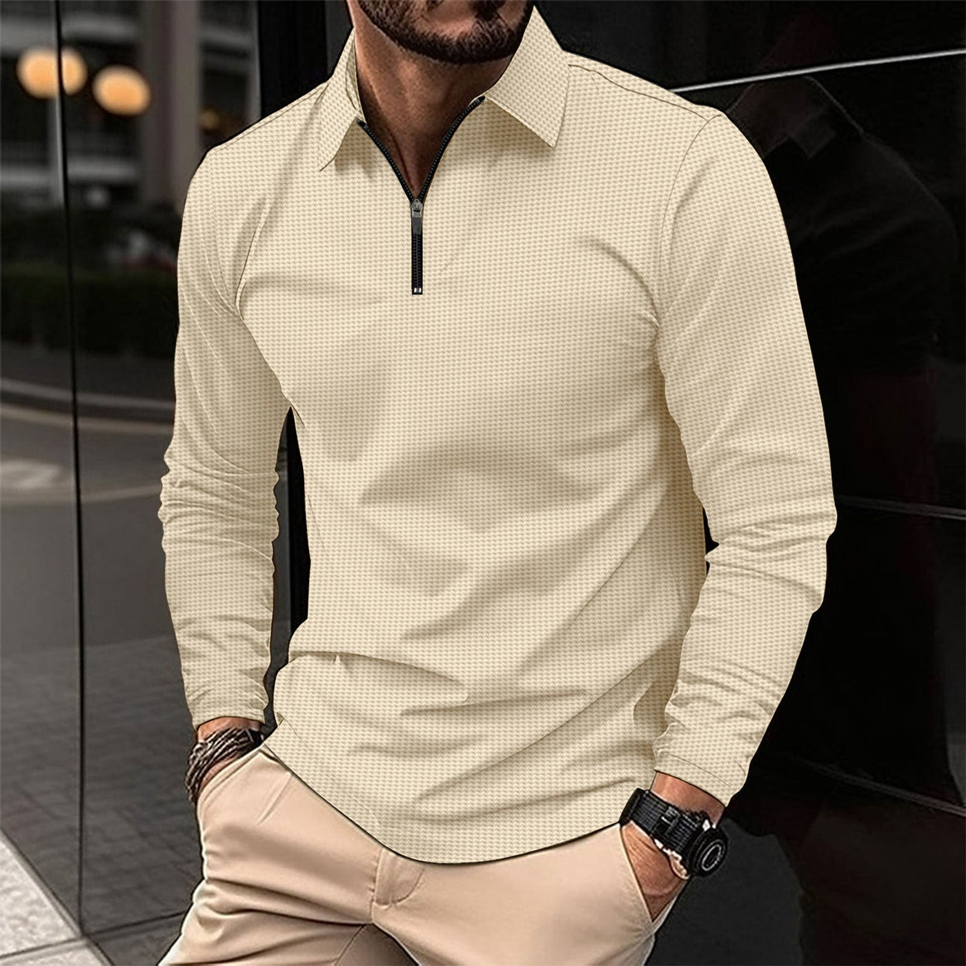 Men’s Long Sleeve Shirt – Slim Fit – Zip Collar – Stretch Fabric