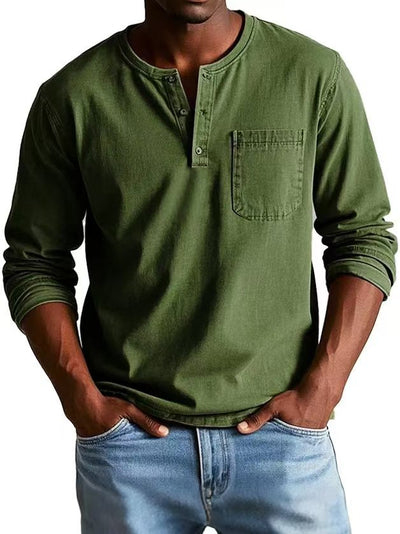 Men’s Long Sleeve T-Shirt – Slim Fit – Breathable Blend – Button Neck with Pocket