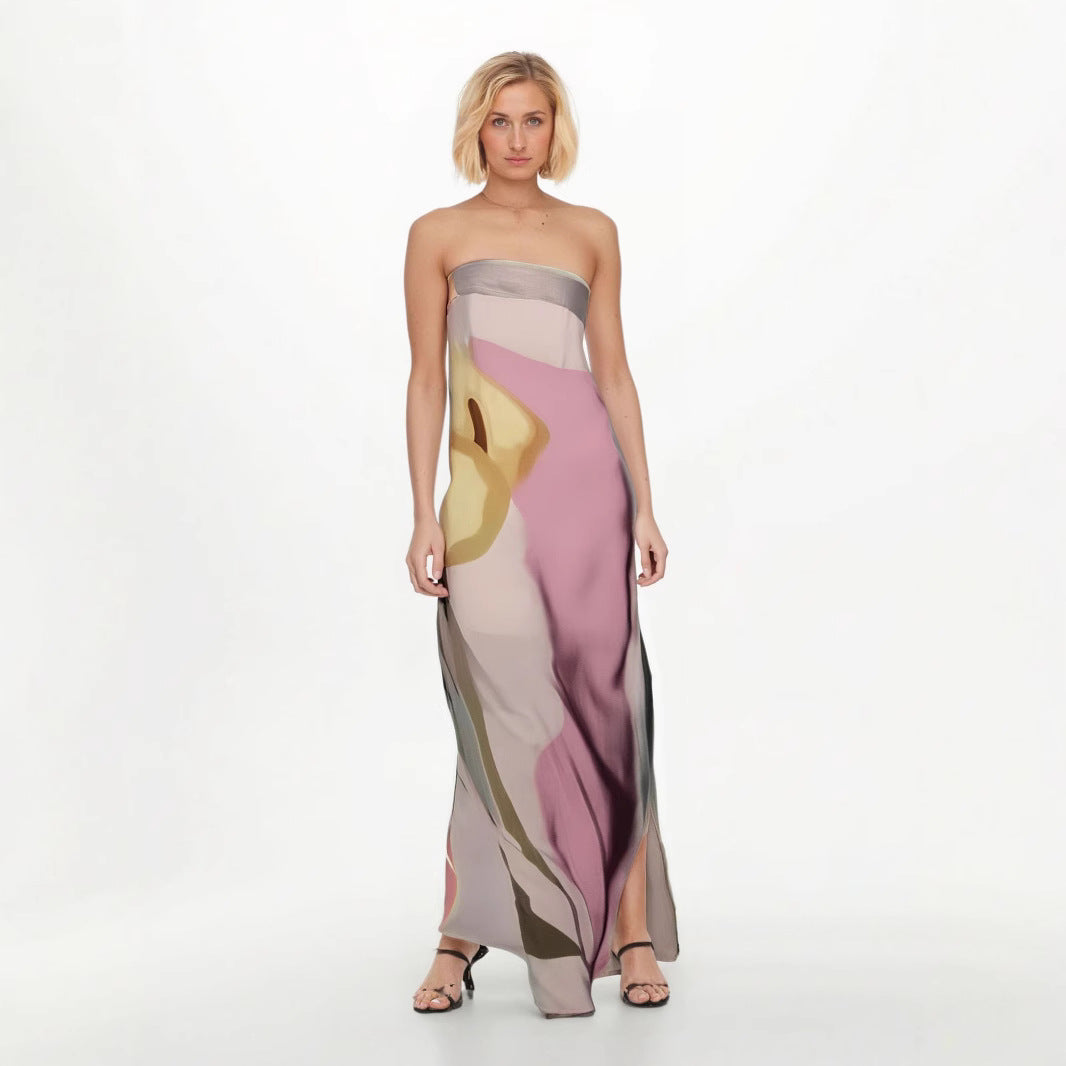 Women’s Strapless Midi Dress – Abstract Print – Lightweight Flowing Fit