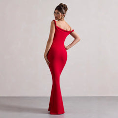 Women’s Maxi Dress – One Shoulder Draped Neckline – Figure-Hugging Fit – Breathable Blend