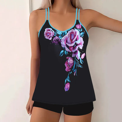 Women’s Tankini Set – Breathable Blend – V-Neck – Spaghetti Straps – Modest Swim Shorts