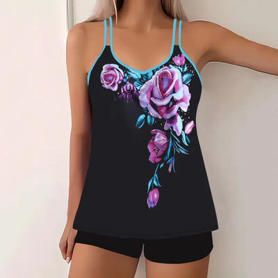 Women’s Tankini Set – Breathable Blend – V-Neck – Spaghetti Straps – Modest Swim Shorts