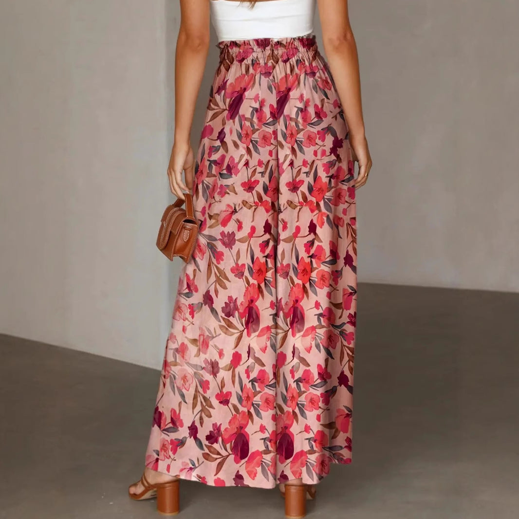 Women’s Wide-Leg Pants – Chiffon – High Waist – Floral Print – Drawstring Elastic Waist