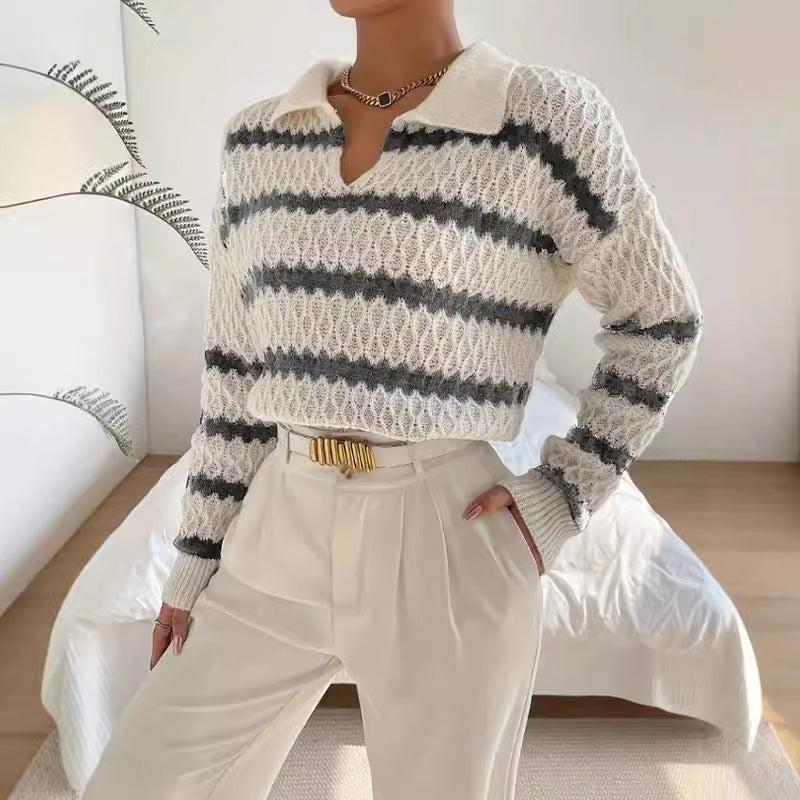 Women’s Pullover Sweater – Relaxed Fit – Polo Collar – Knit Striped Design – Long Sleeve