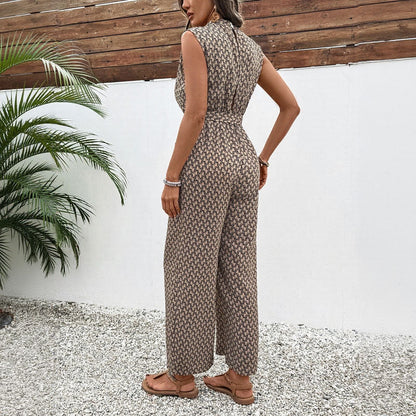 Women’s Jumpsuit – Lightweight Cotton Blend – Geometric Print – Tie Waist – Wide Leg