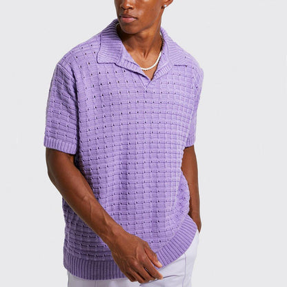 Men’s Knit Polo Shirt – Relaxed Fit – V-Neck – Short Sleeve – Breathable Cotton Blend
