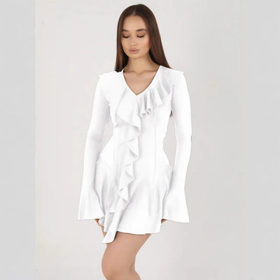 Women’s Mini Dress – Slim Fit – V-Neck – Ruffle Front – Bell Sleeves – Flared Hem