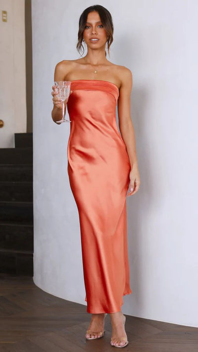 Women’s Maxi Dress – Strapless Satin – Slim Fit – Formal Evening Wear