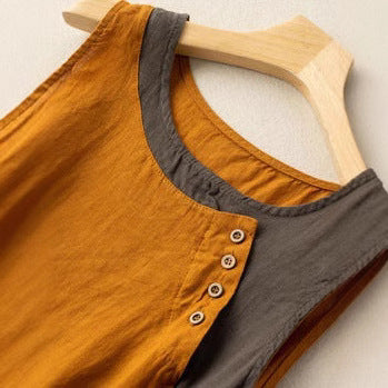 Women’s Sleeveless Top – 100% Cotton – Relaxed Fit – Asymmetrical Hem – Button Shoulder