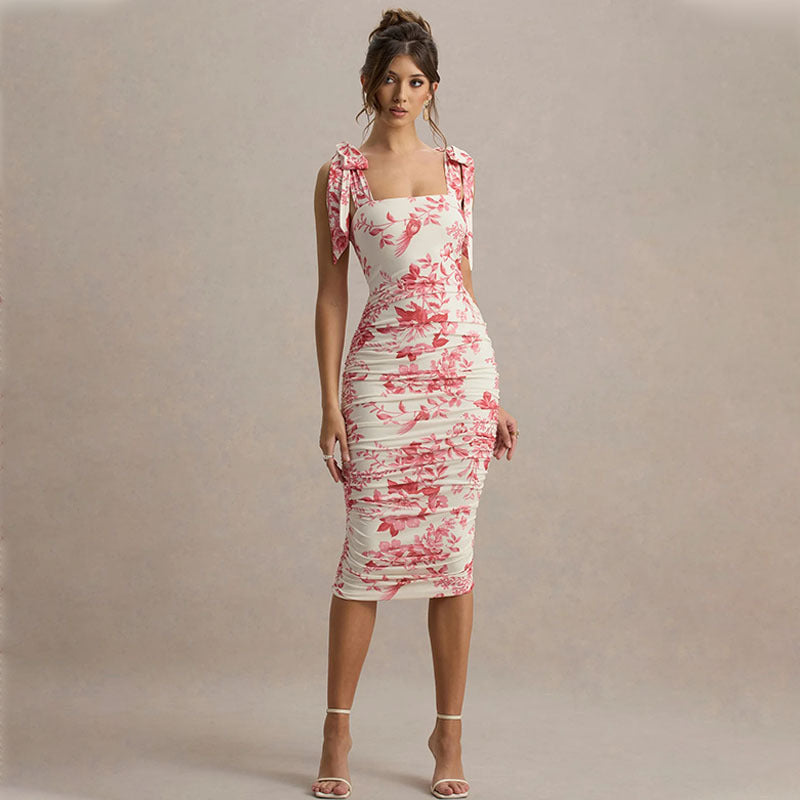 Women’s Bodycon Dress – Stretch Fabric – Floral Print – Tie Straps – Midi Length
