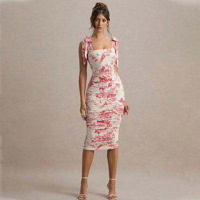 Women’s Bodycon Dress – Stretch Fabric – Floral Print – Tie Straps – Midi Length