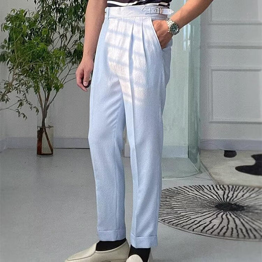 Men’s Straight-Leg Trousers – High Waist – Pleated Front – Textured Breathable Fabric