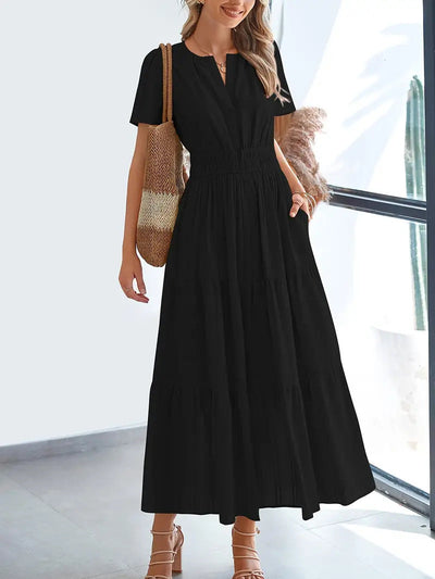 Women’s Maxi Dress – V-Neck – Puff Sleeve – Ruched Waist – Tiered A-Line Fit