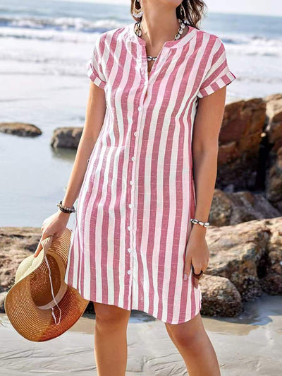 Women’s Shirt Dress – Relaxed Fit – V-Neck – Vertical Stripes – Button Front – Knee Length – Breathable Blend