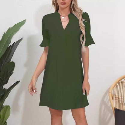 Women’s Short Sleeve Dress – V-Neck – Ruffle Sleeves – Relaxed Fit – Breathable Blend