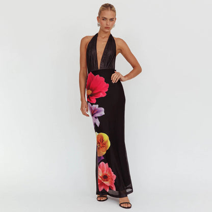 Women’s Maxi Dress – Slim Fit – Halter Neck – Deep V-Neck – Floral Mesh Elegant Style