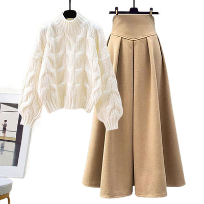 Women's Cable-Knit Sweater & High-Waisted A-Line Skirt – Relaxed Fit – Long Sleeve Crew Neck