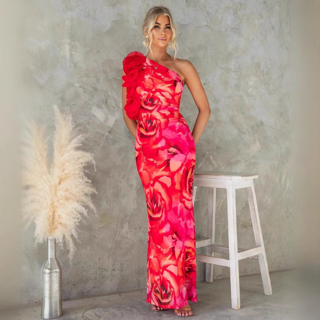 Women’s Midi Dress – Slim Fit – One Shoulder – 3D Floral Shoulder – Satin-Like Fabric