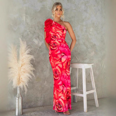 Women’s Midi Dress – Slim Fit – One Shoulder – 3D Floral Shoulder – Satin-Like Fabric