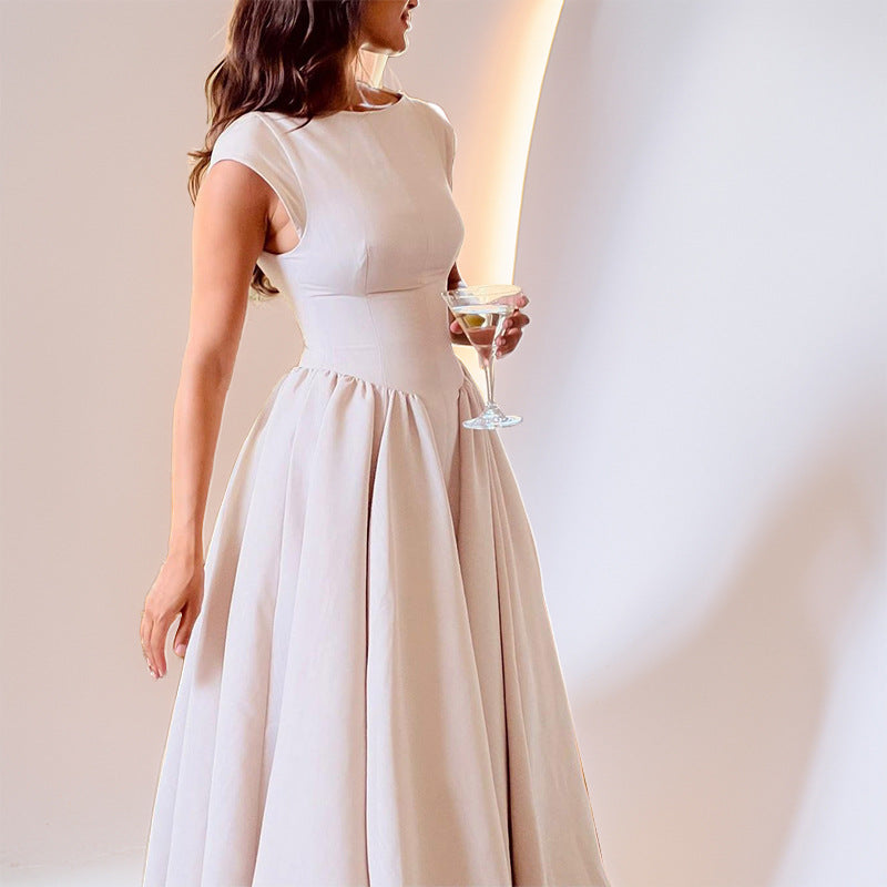 Women’s Sleeveless Midi Dress – Fitted Waist – A-Line Skirt – Back Cut-Out Elegant Style