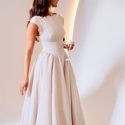 Women’s Sleeveless Midi Dress – Fitted Waist – A-Line Skirt – Back Cut-Out Elegant Style