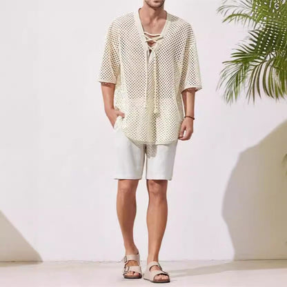Men’s Mesh T-Shirt – Relaxed Fit – Sheer Mid Sleeve – Lace-Up Chest – Breathable