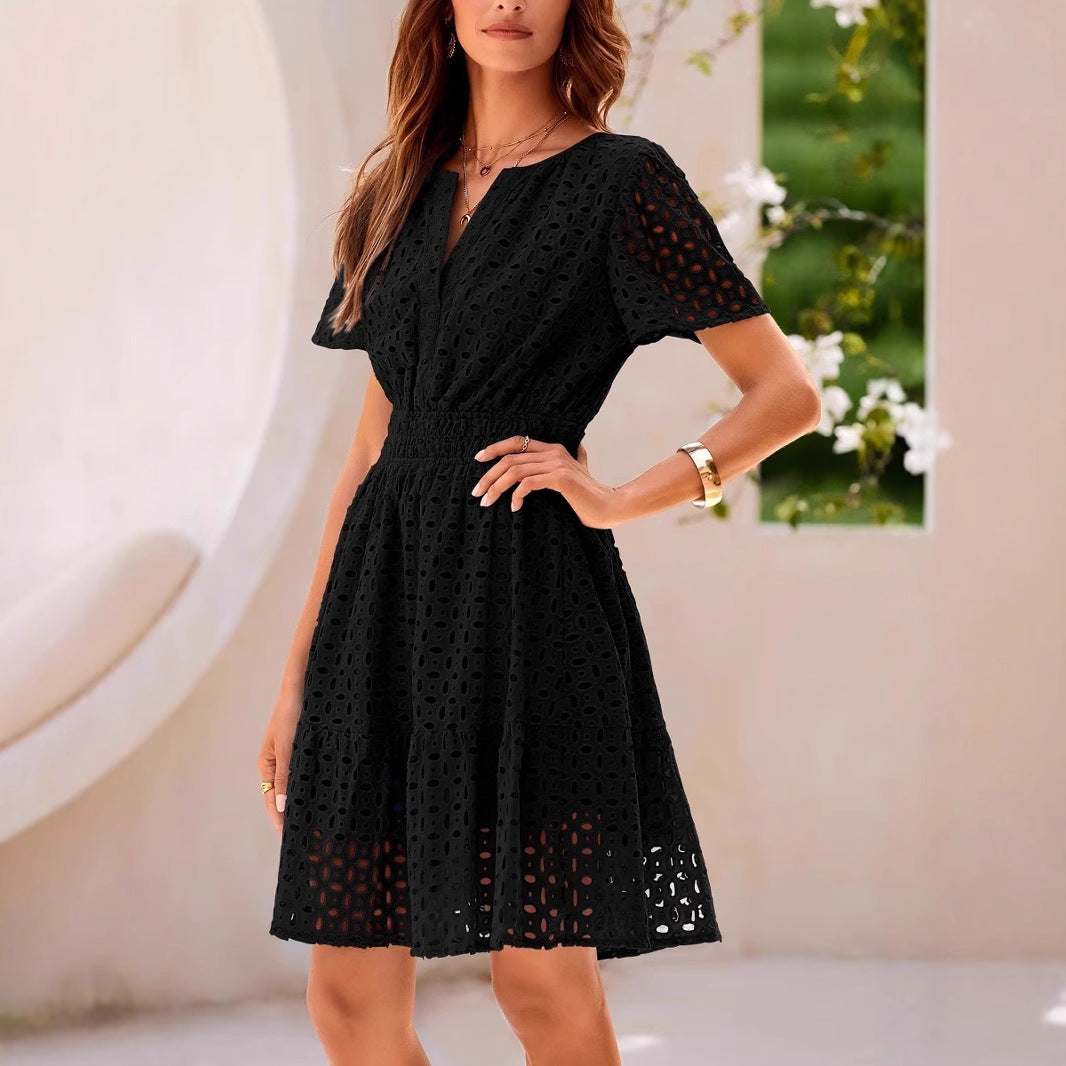 Women’s A-Line Dress – V-Neck – Eyelet Detail – Short Sleeve – Breathable Cotton Blend
