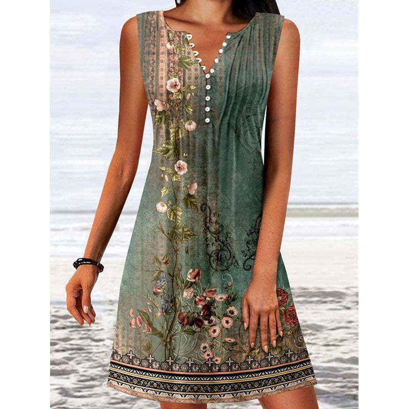 Sleeveless - Floral Print - V-Neck - Decorative Buttons Dress