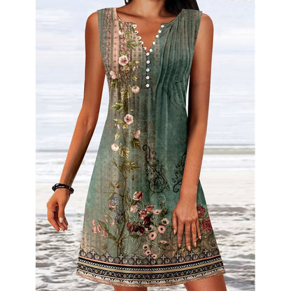 Sleeveless - Floral Print - V-Neck - Decorative Buttons Dress