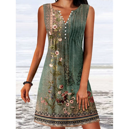 Sleeveless - Floral Print - V-Neck - Decorative Buttons Dress